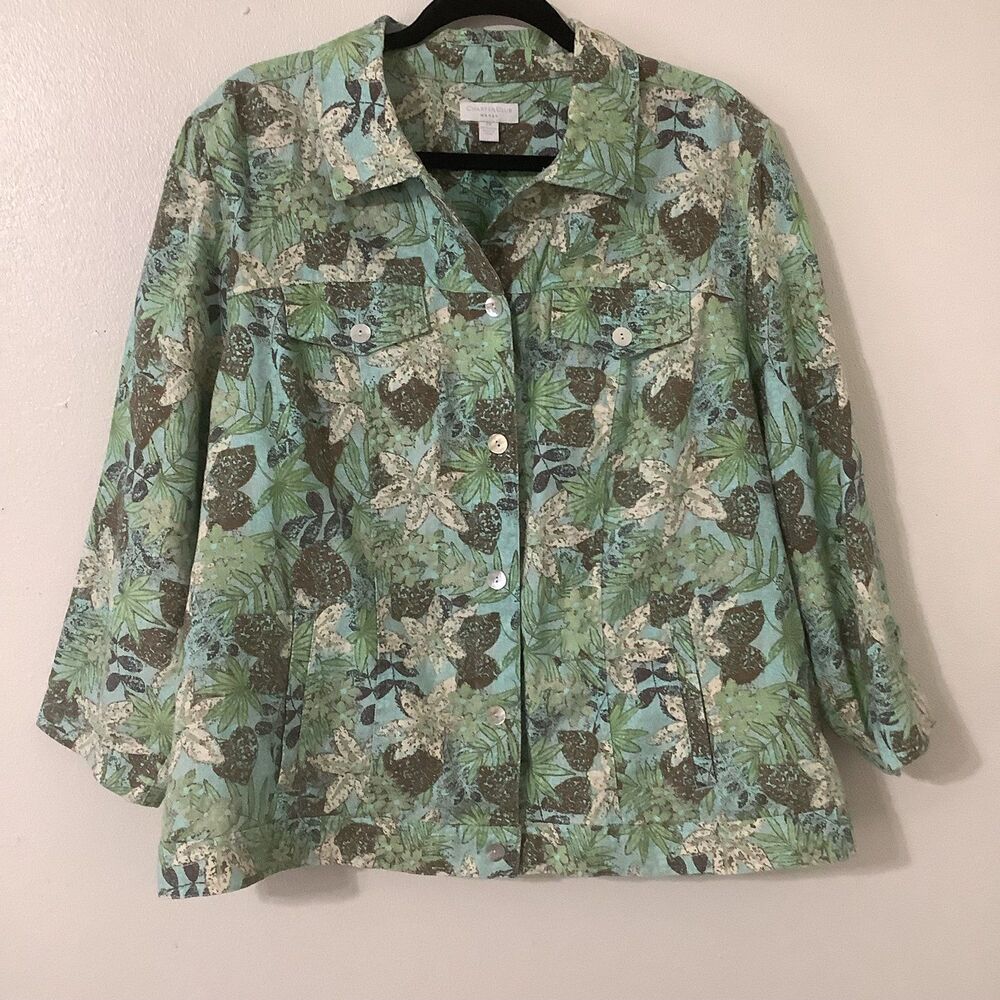 Charter Club 100% Linen Coastal‎ Boho Chic Multicolor Shacket Shirt Jacket 2X